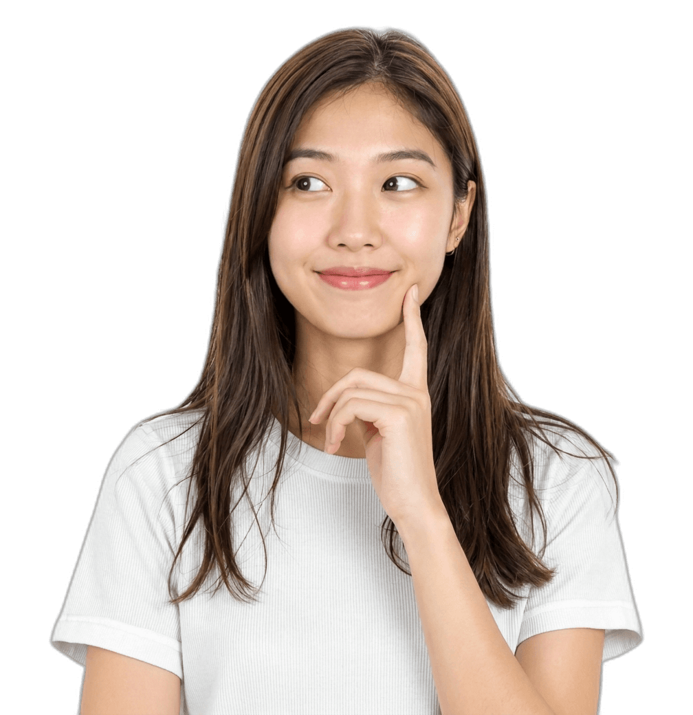 A learner thinking, smiling, looking toward the headline