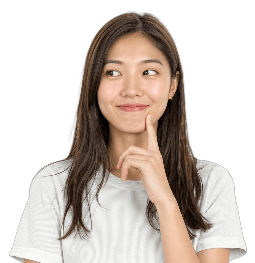 A learner thinking, smiling, looking toward the headline