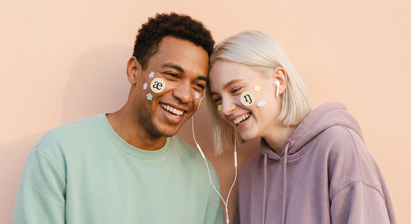Two friends sharing earbuds, each with an IPA pronunciation patch on their cheek.