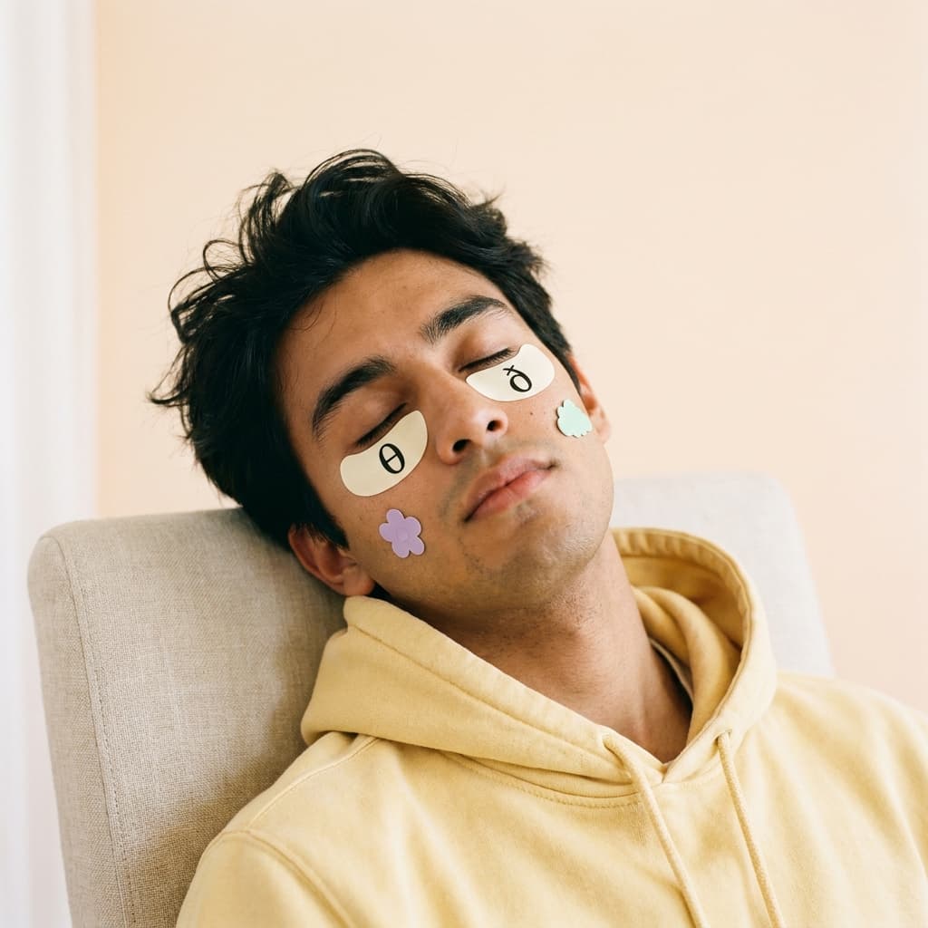 A man with pastel IPA pronunciation patches resting under his eyes.