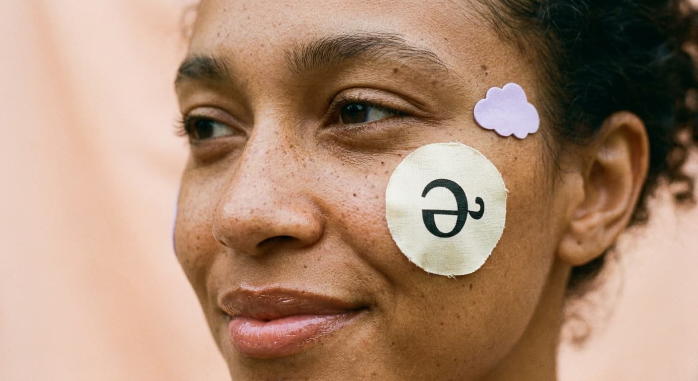 Woman with an r-color phoneme patch, looking serene.