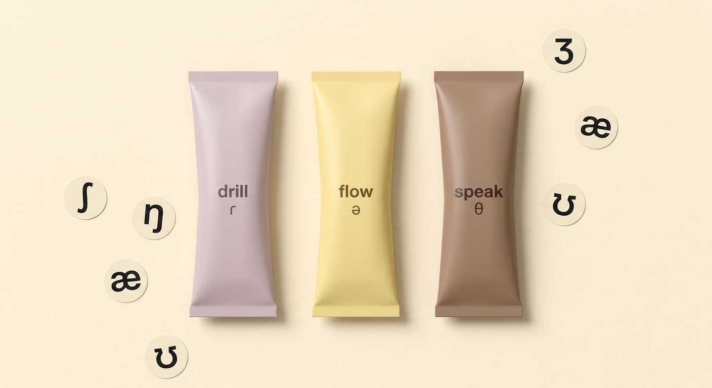 Three matte tubes labelled drill, flow, speak — with IPA sticker patches scattered around.